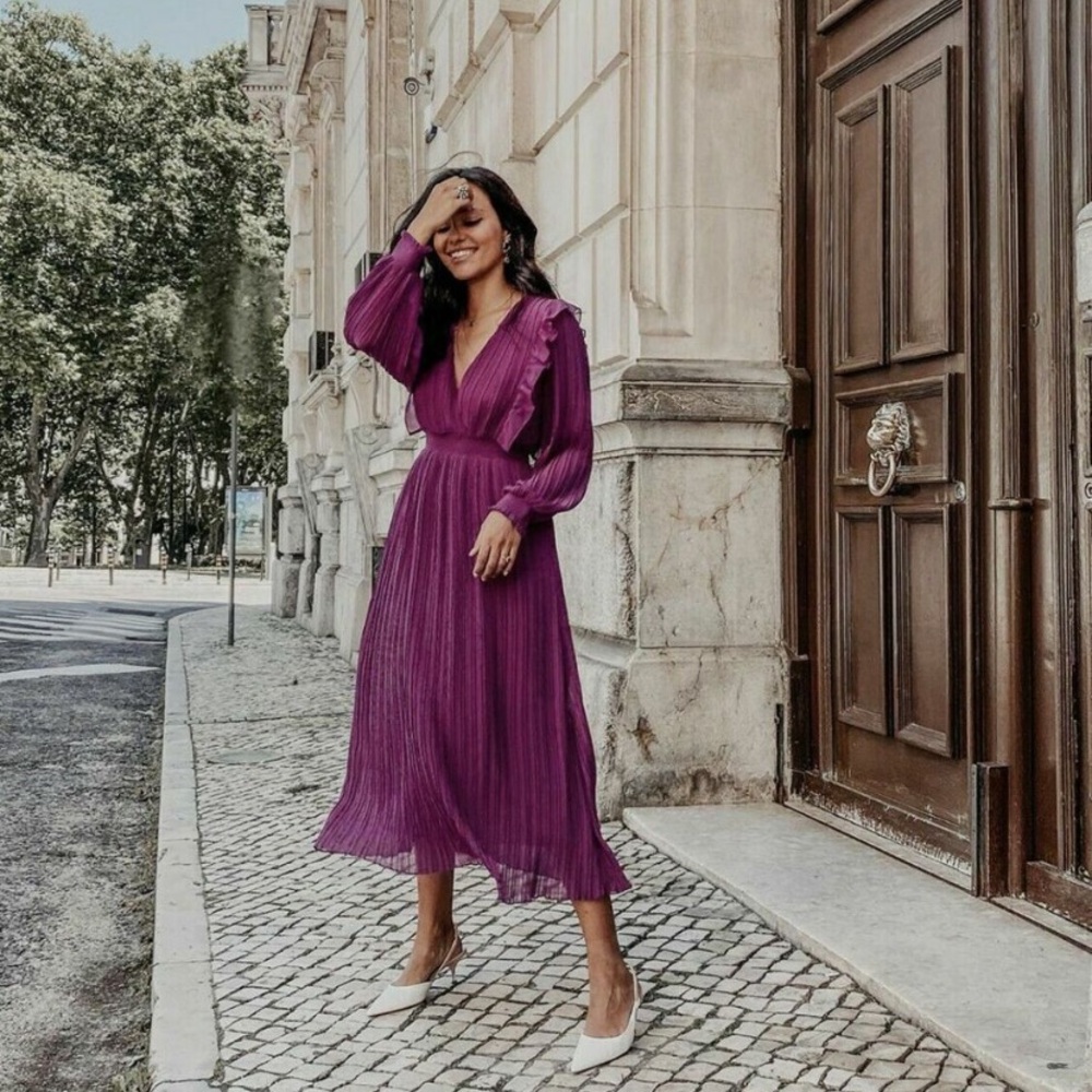 Zara Purple Pleated Ruffle Midi Dress Bloggers Favorite 4387/043 - Picture 11 of 11